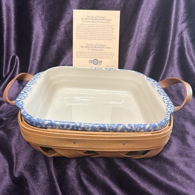 Henn Workshops Blue Sponge Collection casserole dish in a wooden basket.