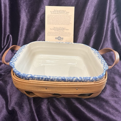 #ad Henn Workshops Blue Sponge Collection casserole dish in a wooden basket. $200.00