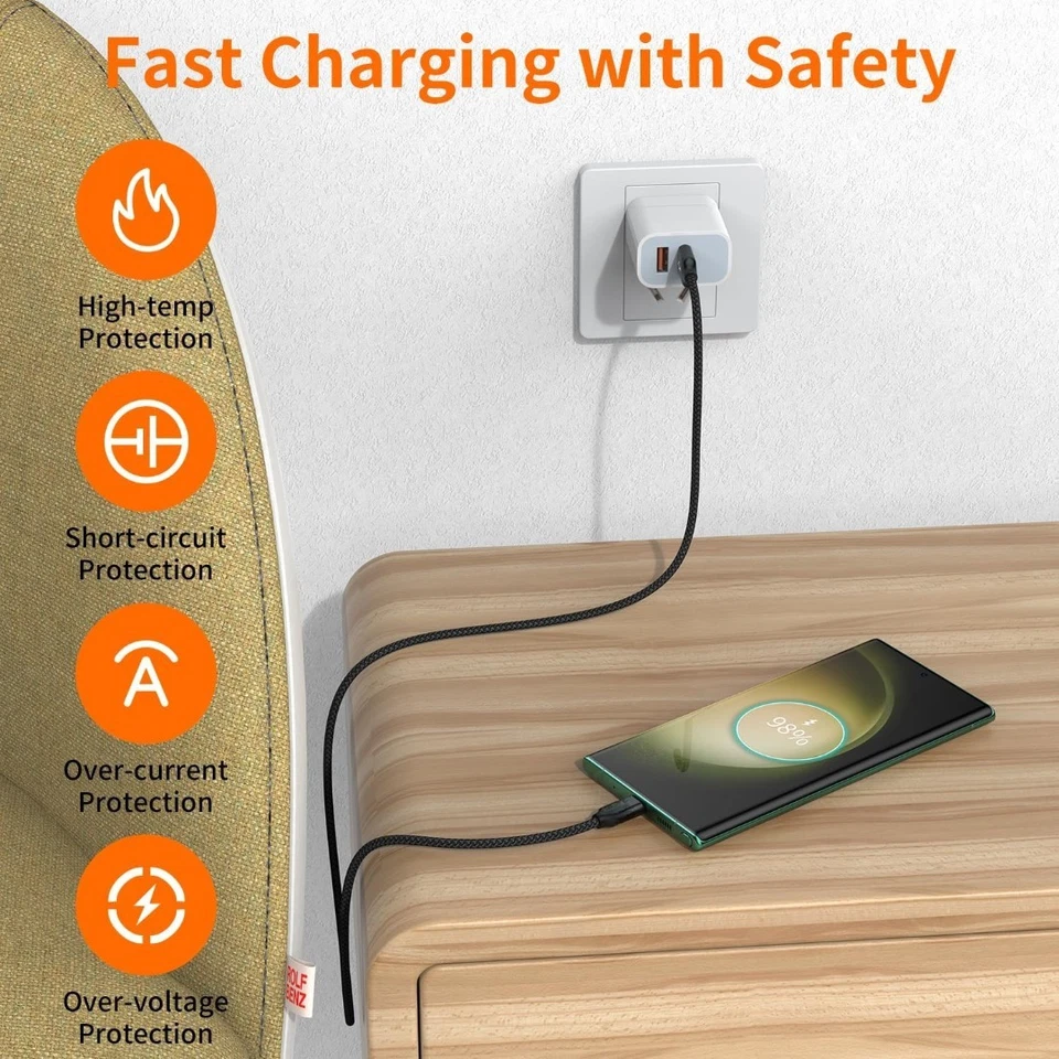 USB A to Type C Cable 6A 66W Fast Charger Braided Long USB C Lead 0.25M 1M 2M 3M - Image 4 of 4