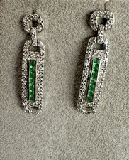 Sterling Silver Rhodium Plated Emerald White CZ Drop Dangle Earrings
