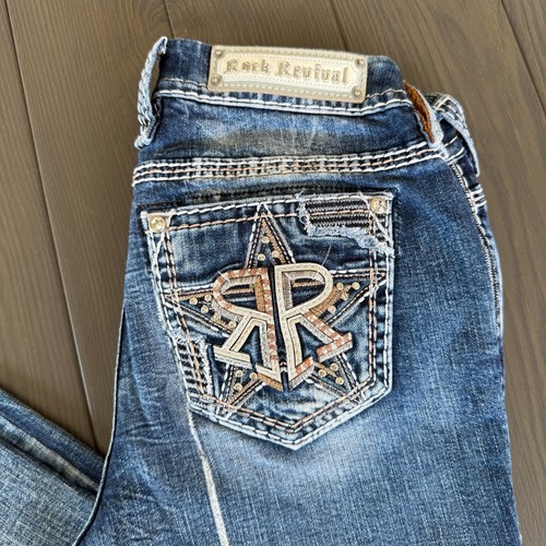 Rock Revival Jeans Women 28x28 Blue Skinny Ankle Embellished Stretch Denim READ - Picture 2 of 18