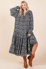Dresses Trendsi Printed Midi Dress Women's Casual Tie Neck Flounce Sleeve Elegan