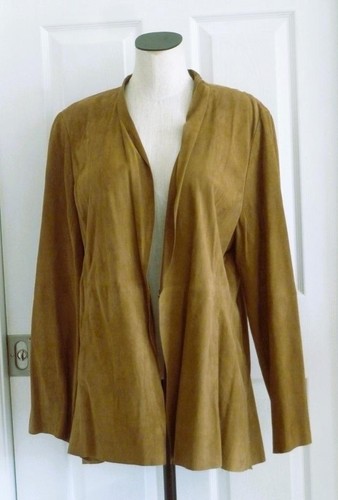 Eileen Fisher Fall Chestnut Goat Suede Pieced Open Jacket Coat Pockets XL L $898 - Picture 6 of 18