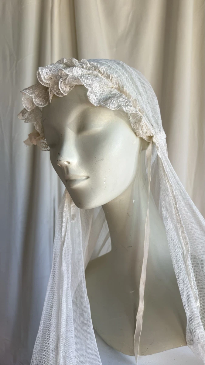 Vintage 1950s Lace Juliet Cap | Ivory Ribbon Tie Bridal Hat 1950s vintage juliet cap - Gem main image 4