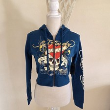 Ed Hardy Love Kills Slowly Blue Zip Up Cropped Hoodie Size Medium NWT Y2K