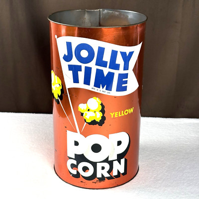 RARE! Vtg 1950s Jolly Time Popcorn Tin Metal 14.5'' Trash Can Bin Waste Basket