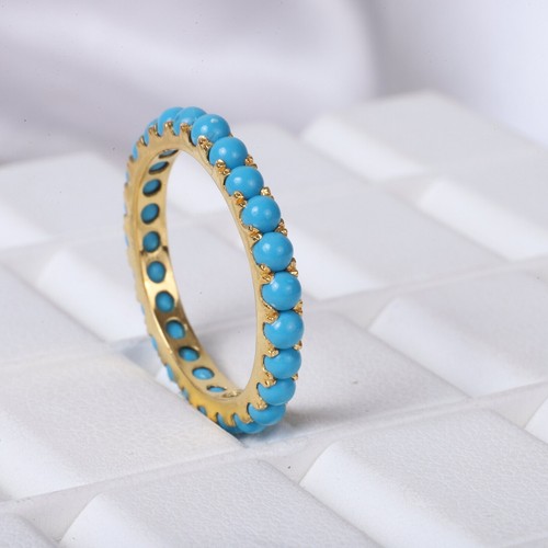 Blue Turquoise Gemstone Full Eternity Women Band, 925 Sterling Silver Ring - Picture 10 of 12
