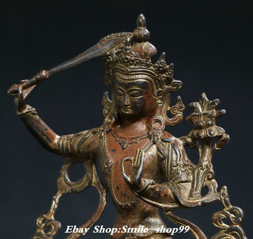 8.2" Tibet Buddhism Pure Bronze Wenshu Manjushri Bodhisattva Buddha Statue - Picture 8 of 9