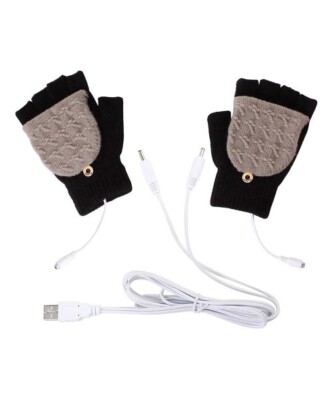 Black & Beige USB Heated Convertible Mittens, Warm & Soft Winter Gloves