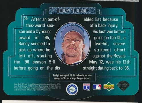 1996 Upper Deck SpX Randy Johnson #56 Hologram Die-Cut Seattle Mariners - Picture 2 of 2