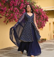 Indian Traditional Dress; Women Blue Printed Anarkali Kurta Sharara Set.