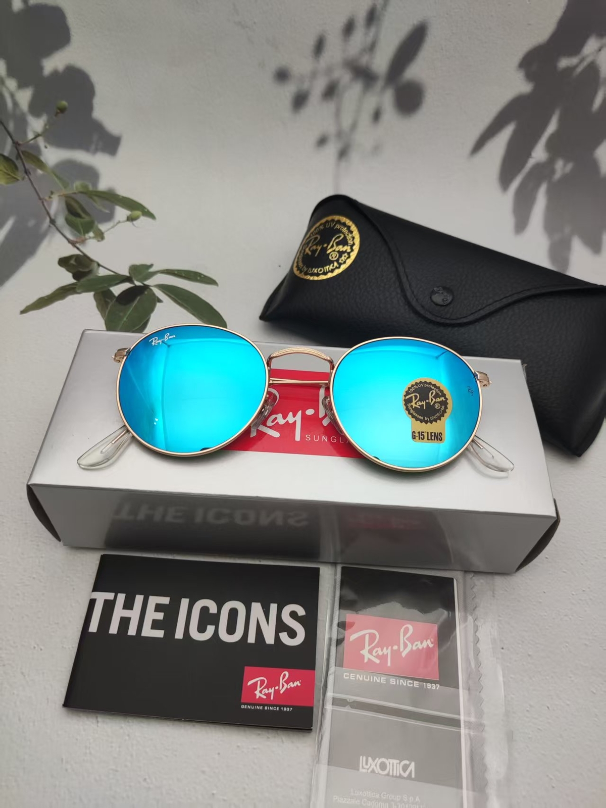 Ray-Ban RB3447 Round Metal 50-21,Gold Frame Mirror Blue Lenses