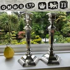 👀PAIR 12” GEORGIAN STYLE CANDLESTICKS STERLING SILVER GM&S LTD C1930 HEXAGONAL