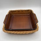 Vintage Anchor Hocking Amber 8x8x2 Square 1.5 QT Dish USA- W/ Wicker Holder