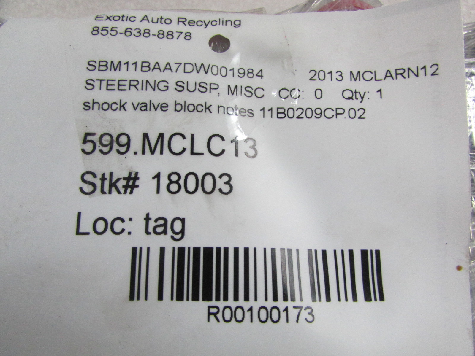 McLaren MP4-12C, Shock Absorber Valve Block, Used, P/N 11B0209CP.02