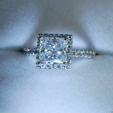 Halo Design White Simulated Princess  Round Sapphire Women's Ring In 935 Silver