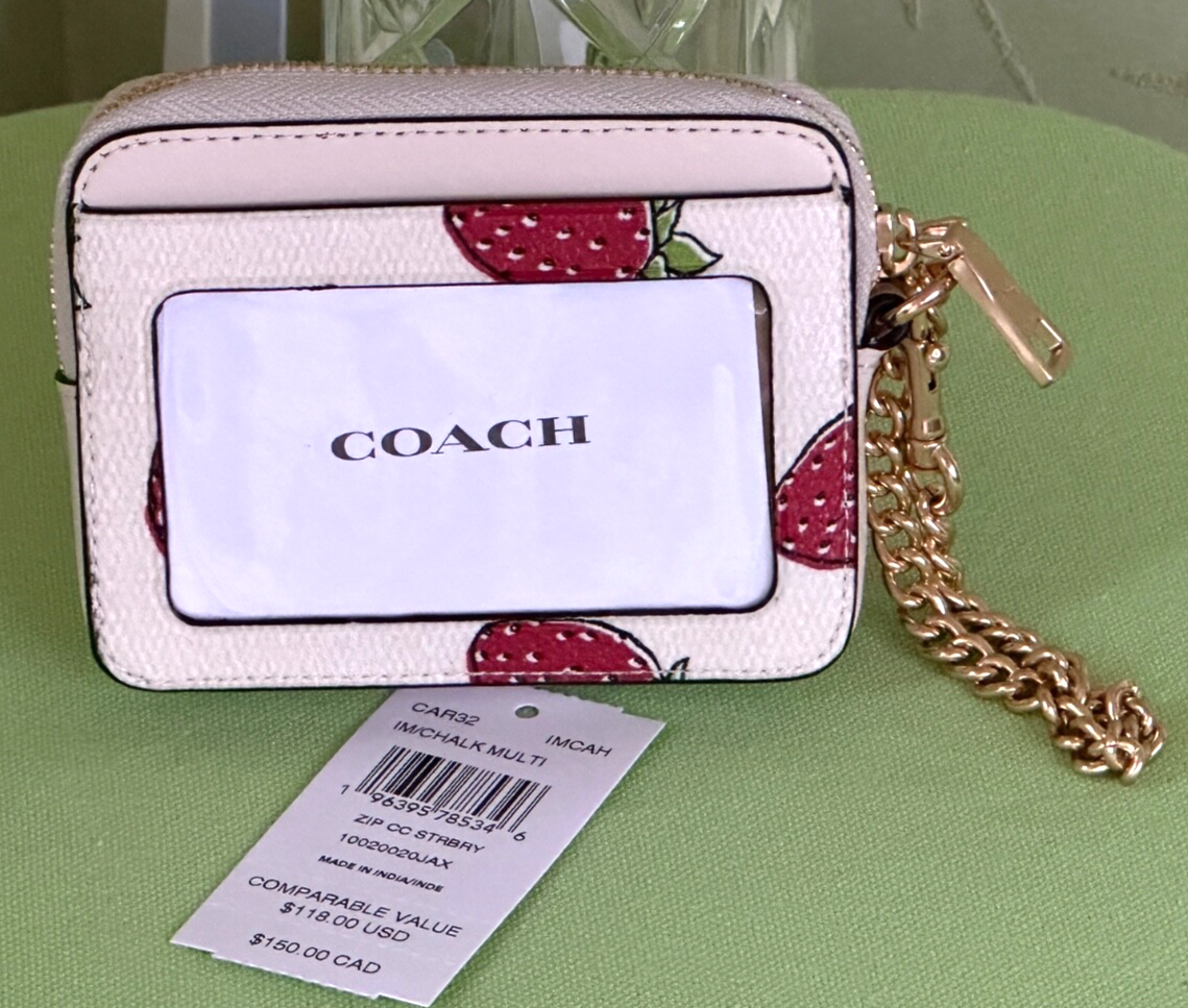 いちごプリント【COACH】チェーンストラップ Zip Card Case COACH ZIP CARD CASE STRAWBERRY PRINT:NWT STRAWBERRIES CAR32