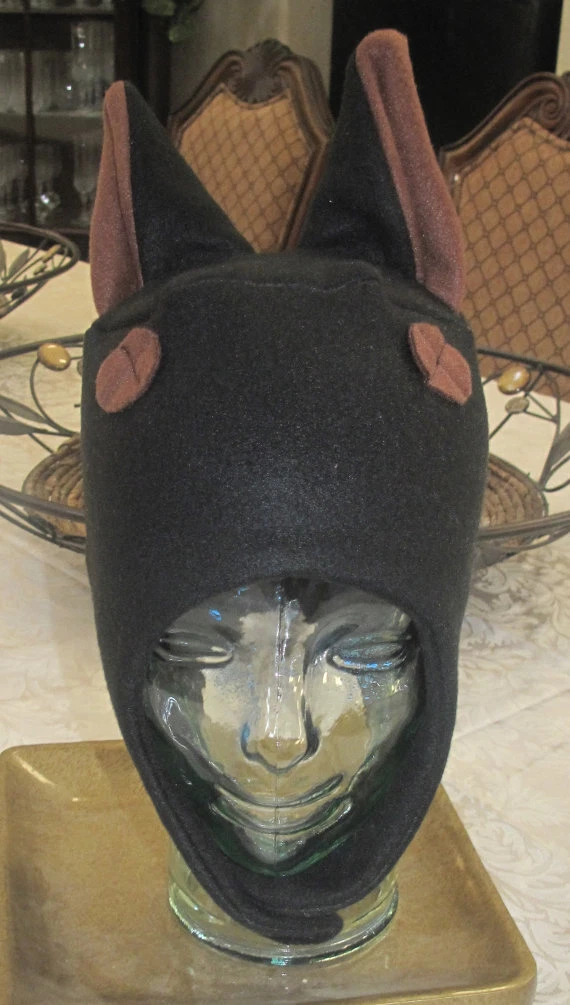 Black Doberman Dog Ear Flap Fleece Hat in 6 sizes