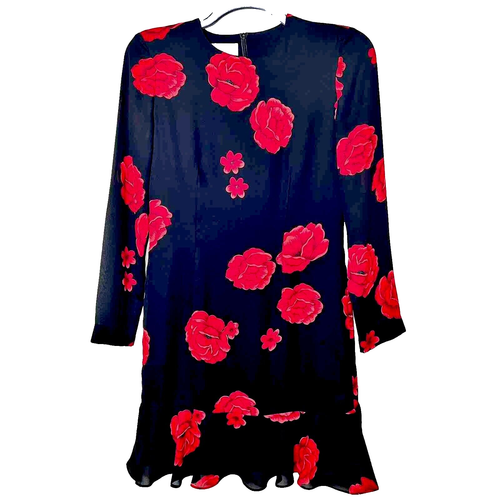 Evan Picone Black And Red Floral Dress Sz 6 Long Sleeves Ruffle Hem