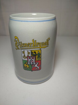 VINTAGE 5 INCH TALL BEER MUG PILSNER URQUELL WITH BLUE TRIM MADE IN GERMANY
