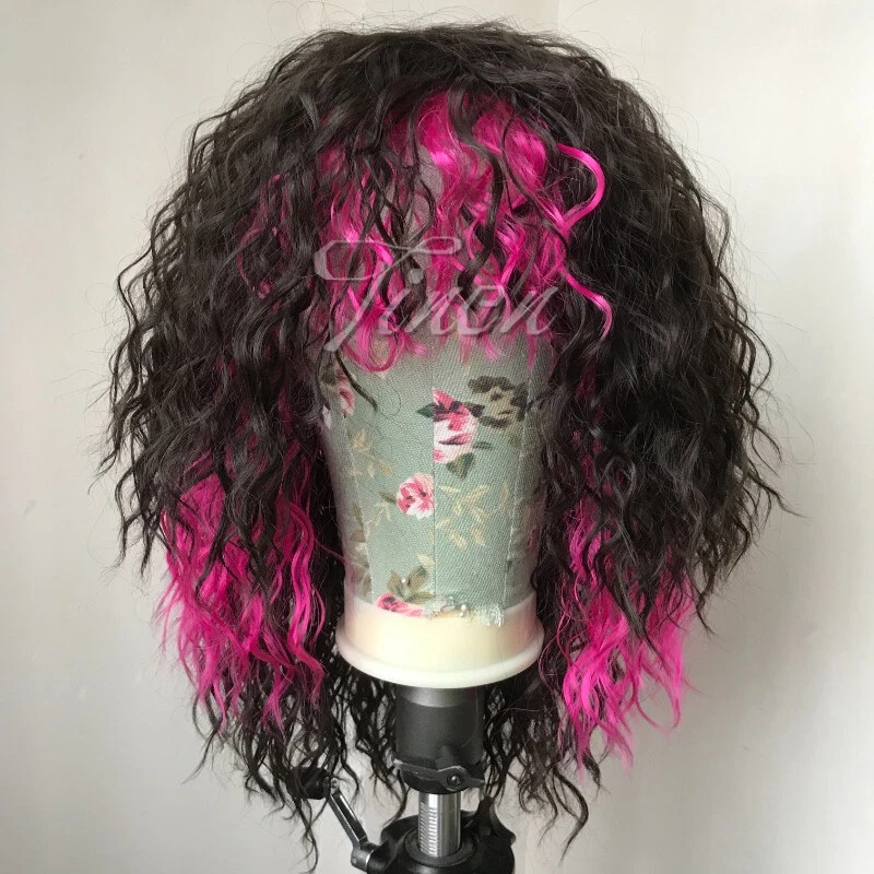 Lo último Pelucas rizadas negras con flequillo rosa destacado para mujeres Pelucas de disfraces de anime Foto 2 de 4