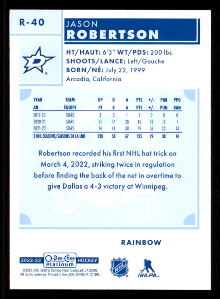 2022-23 O-Pee-Chee Platinum Retro Rainbow #R40 Jason Robertson - Image 2 of 2