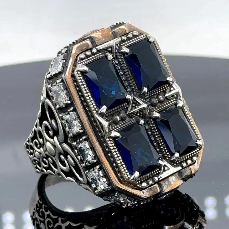 Anillo grande estilo otomano hecho a mano cuadrado zafiro plateado para hombre Foto 2 de 4