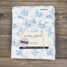 Laura Ashley Victorian Bouquet 100 Cotton Percale QUEEN Sheet Set White Blue