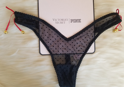 #ad #ad VICTORIA#x27;S SECRET JINGLE BELL HIGH CUT LEG MESH THONG PANTY BLACK MEDIUM NWT $14.99