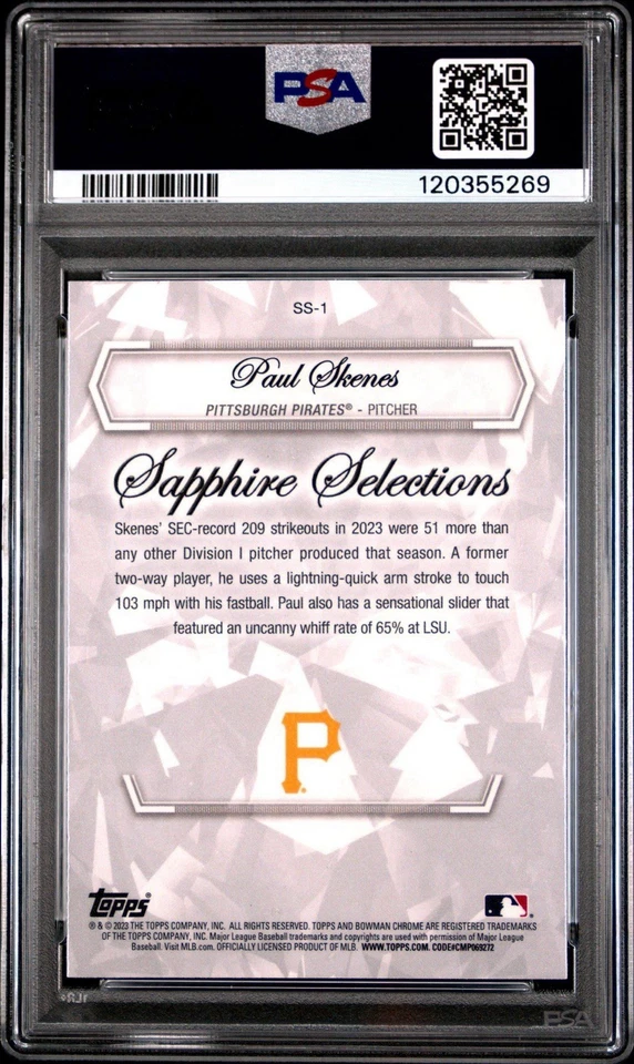 2023 Bowman Draft Sapphire Edition Paul Skenes Sapphire Selections PSA 10 SS1 - Image 2 of 3