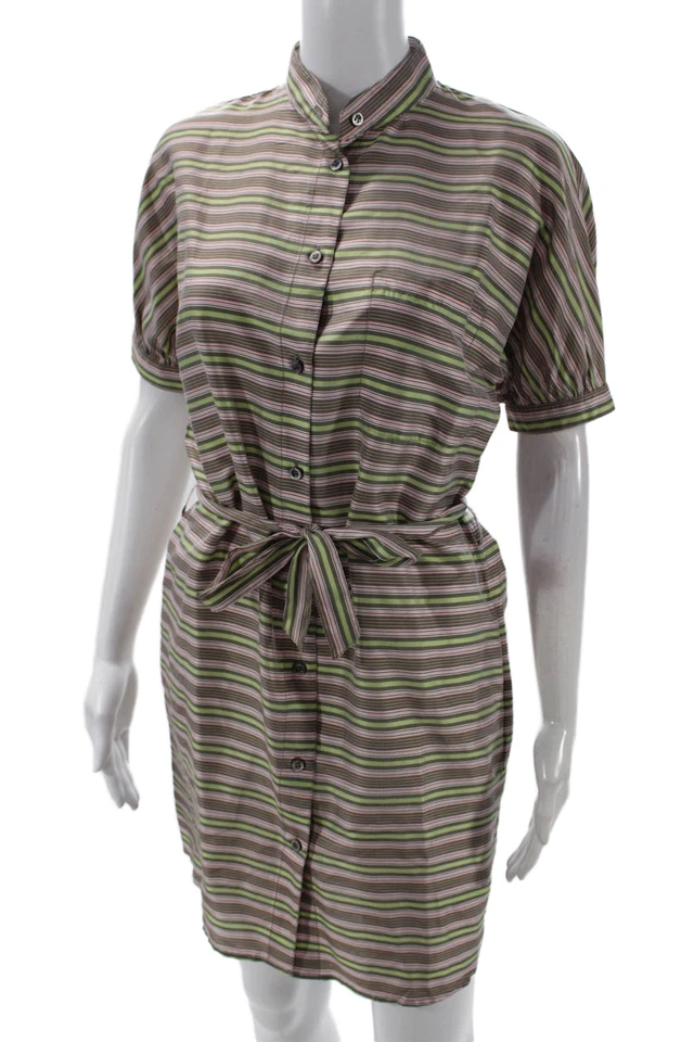 Vestido de mujer Paul & Joe de seda a rayas con botones cinturón manga corta marrón talla 36 Foto 2 de 4