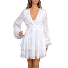 Lulus White Mini Dress Sz S Deep V Tiered Sheer Sleeve Floral Bachelorette