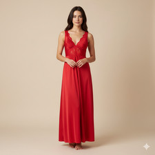 Vintage Olga Red Maxi Lace Slip Dress M Sirencore Hollywood Glam Nightgown