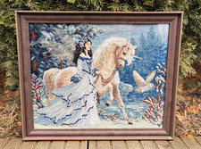 Handmade Cross Stitch Embroidery Framed Unicorn Princess Fantasy Wall Art