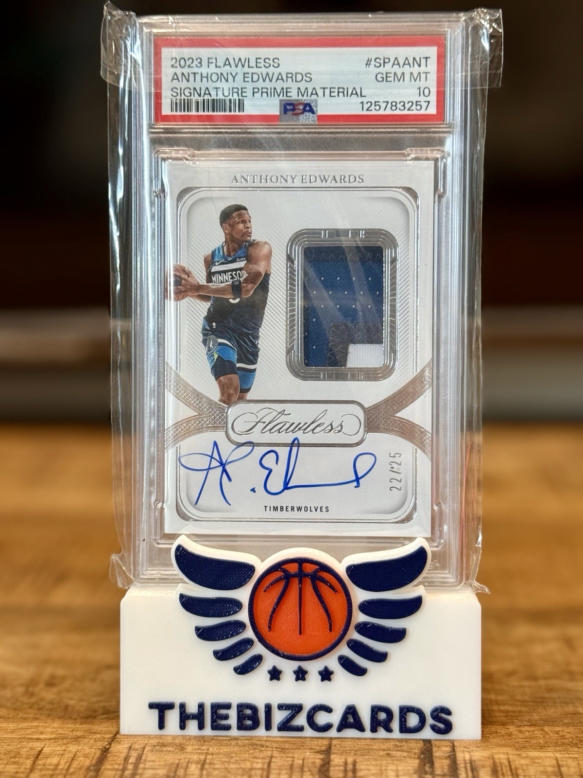 Anthony Edwards Autographed Signed 11.23.25 2023 FLAWLESS GAME USED PATCH AUTO /25 3 COLOR PSA 10 