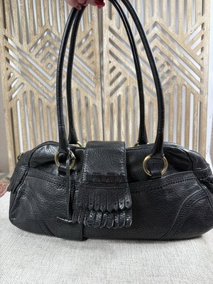 Via Spiga Black Pebbled Leather Satchel Bag Fringe Detail Brass Hardware