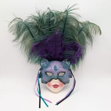 Vintage Clay Art Ceramic Wall Mask Teal Purple Feathers Cat Eye Masquerade 90s