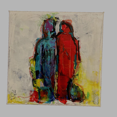 Abstraktes Acryl Mischtechnik signiert Gemälde mit 2 Figuren