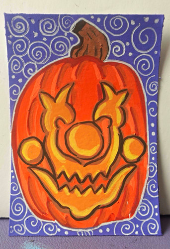 ACEO original art trading card acrylic pumpkin clown joker jack o lantern ooak