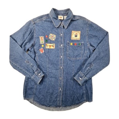 Vtg Faded Glory Denim Shirt Women L Cottagecore Patchwork Grandmacore Kitsch 90s