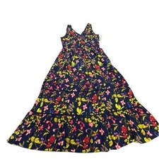 NWT Lands End Tencel Navy Floral Tiered Maxi Dress V-Neck Smocked Back Boho L