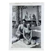Vtg Couple Poolside Swimsuit Sunbathing Palm Trees 1950s Snapshot Photo Resort