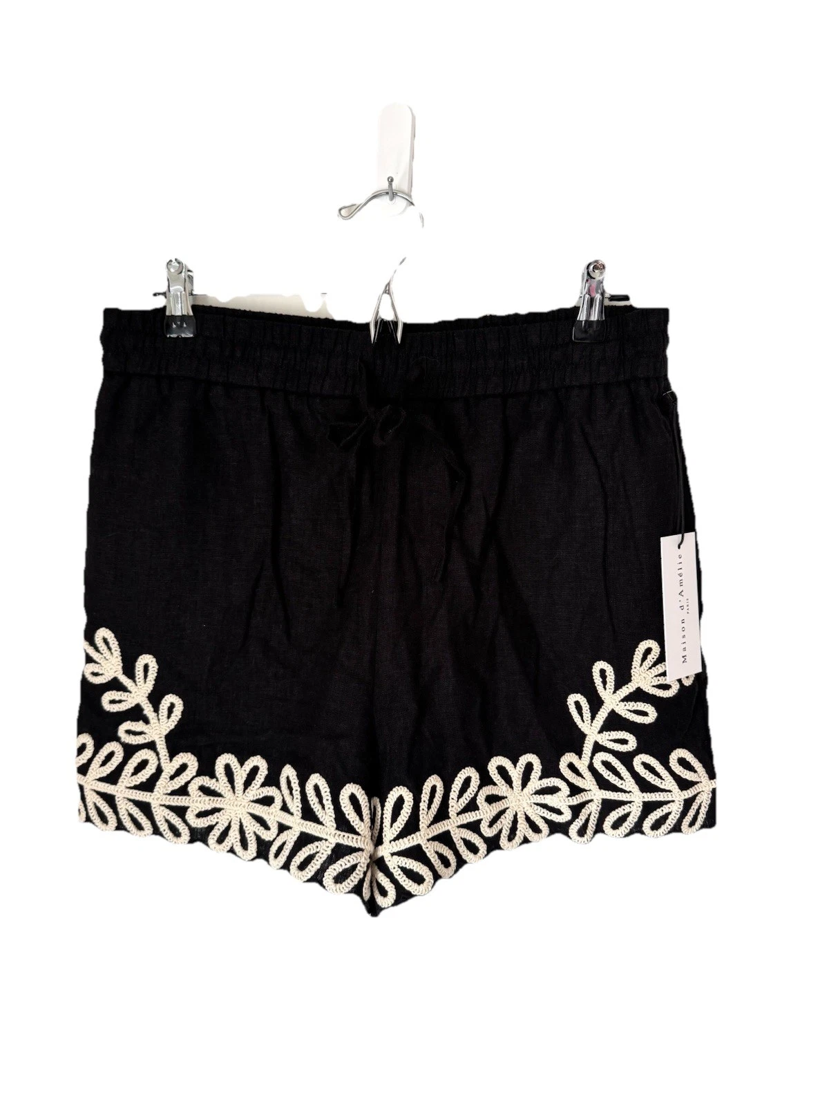 Maison D'amelie Black Linen Blend Shorts Womens 10 Embroidered Pockets NEW