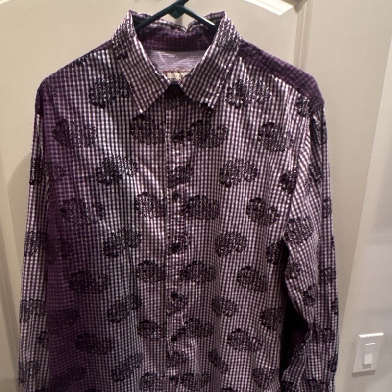 Italia Men's Purple White Check Button-Up Shirt Long Sleeve Cotton Size L