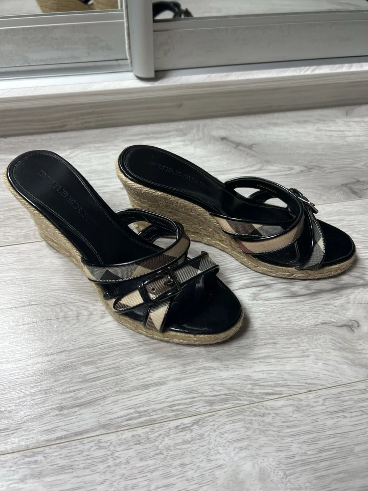 Burberry Women’s Nova Check Leather Wedge Espadrille Sandals Size 37 - Image 3 of 4