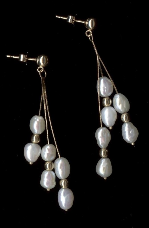 14K 2.71 Gram 48mm Solid Yellow Gold Rice Pearl Tassel Chain Strand Earrings Kd