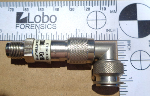 Two JFW 50F-006 TNC Male - Female 6dB Attenuator / Adapter, 1 with Right Angle