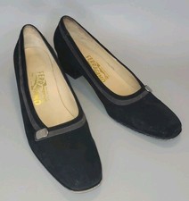 Vtg Salvatore Ferragamo Black Suede Pumps Womens 9 Square Heel Made in Italy