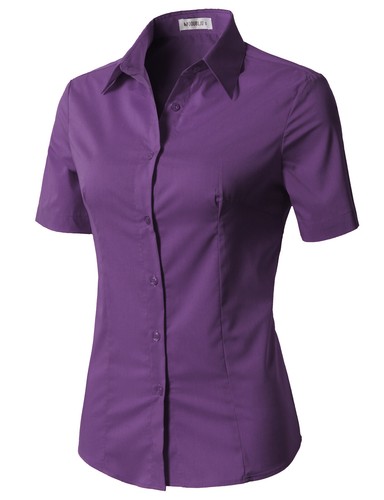 Womens Button Down Shirt Basic SLIM FIT Simple Short Sleeve Collared S010 - Picture 84 of 95