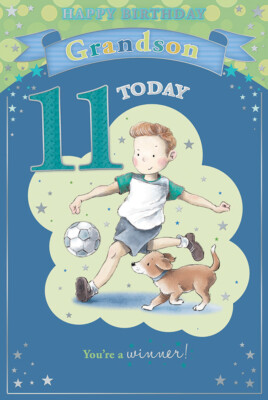 Heute bist du 11 süße kleine Jungen spielen Fußball Design Enkel Geburtstagskarte